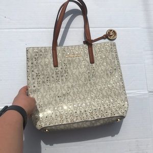 Michael Kors Gold and White Leather Tote